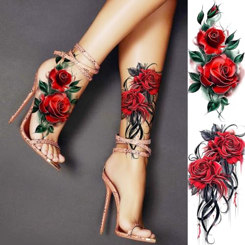 Image of Bilizar 12 Sheets 3D Floral Red Rose Temporary Tattoos For Women Adults Arm Leg Foot Tattoo Sticker, Realistic Feather Phoenix Plum Blossom Fake Tattoos Flower Body Art Waterproof Long Lasting Tatoos