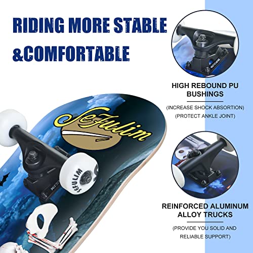 Image of 31 x 8 Inch Complete Skateboard 7 Layer Canadian Maple Double Kick Deck Concave Cruiser Trick Skateboard for Boys Girls Teens Adults Beginner