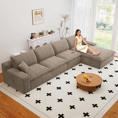 Image of 136 inch Cloud Couch Modular Sectional Sofa for Living Room, L-Shape Boneless Couch with Deep Seat, Modern Corduroy 4-Seater, No Assembly Required (Camel,Right-Facing Chaise)