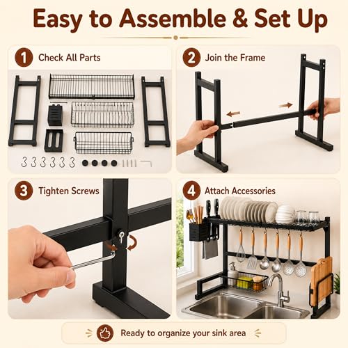 Image of Homero Adjustable Over Sink Dish Drying Rack | Multipurpose Kitchen Sink Organizer with Plate Holder, Cup Stand, Knife Holder & Hooks | Heavy-Duty Rustproof Dish Drainer for Kitchen Counter Storage