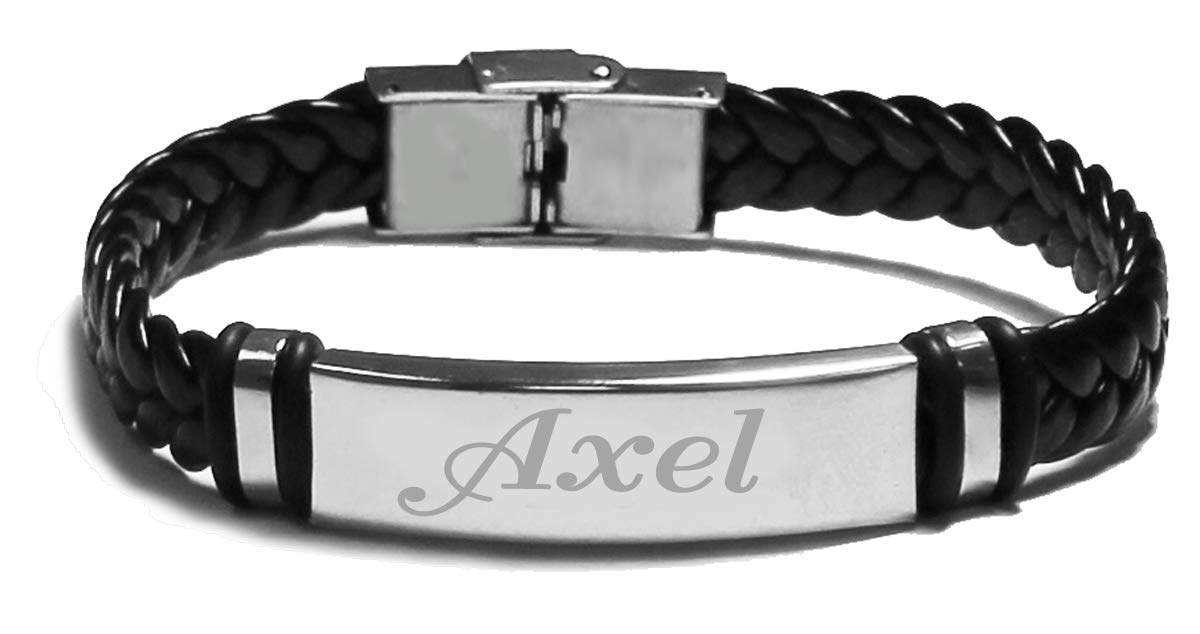 ZacriaName Bracelet AXEL - Personalised Mens Leather Braided Engraved Bracelet. Including Gift Box and Gift Bag. 2mm thick Nameplate.