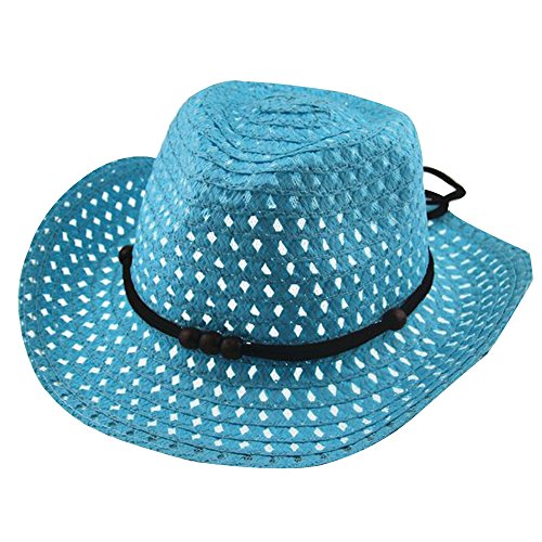 Straw Sun Hat Adjustable Band - Boys Girls Summer Beach Fedora Hat, Wide Brim Breathable Cowboy Style Cap for Kids Ages 3-8