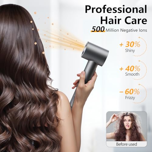 Image of Hair Dryer - 1 Min Fast Drying, High-Speed Blow Dryer with 500 Million Negative Ions, No Heat Damage, Low Noise, Lightweight, Professional Hairdryer with Diffuser & Nozzle for Women, Gunmetal