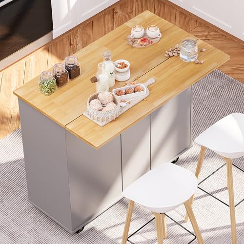 Image of SUNLEI Kitchen Island on Wheels with Storage Cabinet & Foldable Drop Leaf, Rolling Kitchen Table, Cart Handle for Towel Rack, Drop Leaf, Portable Islands for Kitchen (Cement Gray, 39.7-INCH)