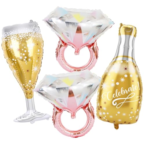 Image of Rose Gold Glitter Ring Bachelorette Party Balloons, Gold Champagne Bottle Balloons Diamond Ring Foil Balloon for Bachelorette Engagement Wedding Bridal Shower Celebration Anniversary Party Supplies