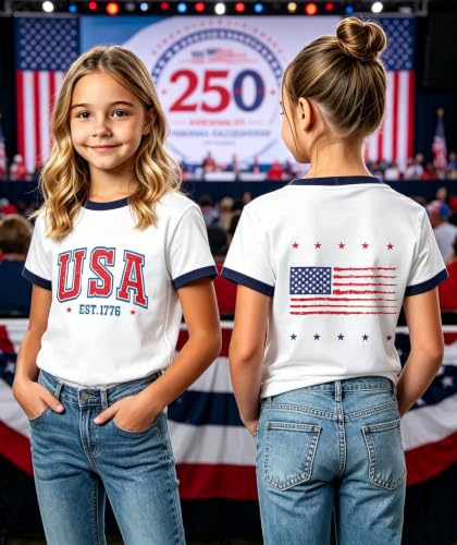 Image of Kids 250th Anniversary USA Shirts Boys Girls USA Shirt 4th of July Outfits Cute Patriotic Top
