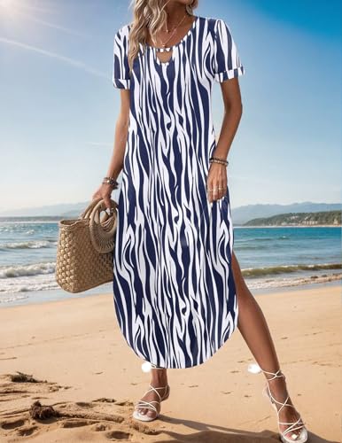 Zeagoo Womens Maxi Summer Dress with Pockets Casual Short Sleeve Sundress Trendy 2025 Curve Hem Long Dresss3