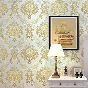 wolpin Wall Stickers DIY Wallpaper (45 cm x 10 m) Floral Damask Self Adhesive, Living Room, Hall, Sofa Background Decal, Gold