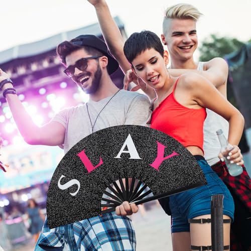 Image of FairySandy Large Rave Fan UV Glow Clack Summer Hand Fan with Thigh Holster for Women Carnival Party Supplies for Carnival Edm Music Festival Club Accessories(Slay,Black)