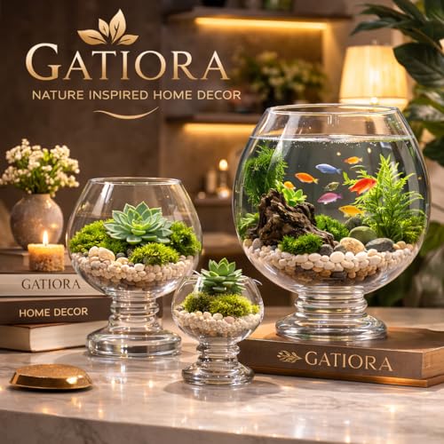 Image of Glass Fish Bowl /Terrarium Wine Cup Shape Clear Glass Aquarium for Fish, Plants & Pebbles, Decorative Centerpiece for Home, Living Room, Office & Balcony (8 Inch)
