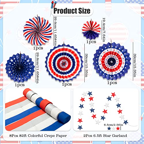 4Th Of July Decorations Set - 16Pcs Red White Blue Patriotic Paper Fans Star Garland And Crepe Paper Streamers For 4Th Of July Independence Memorial Day Patriotic Hanging Party Decorations #TOP2