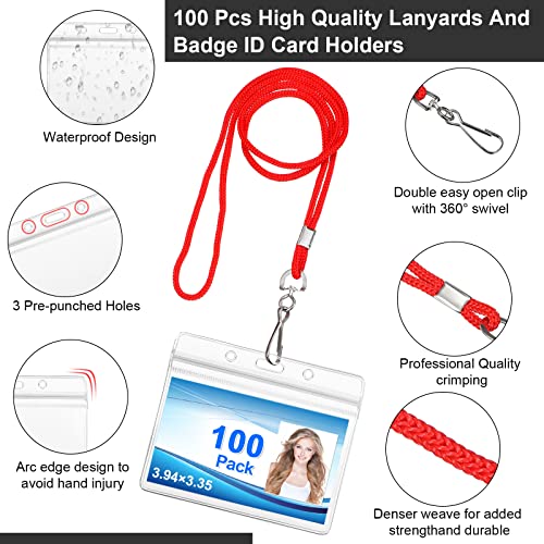 100 Pieces Lanyards For Id Badges Clear Badge Holder With Lanyard Pvc Id Holder Lanyard Waterproof Student Lanyard Horizontal Name Tags With Swivel Hook For Badge Card School Office (Red) #TOP3