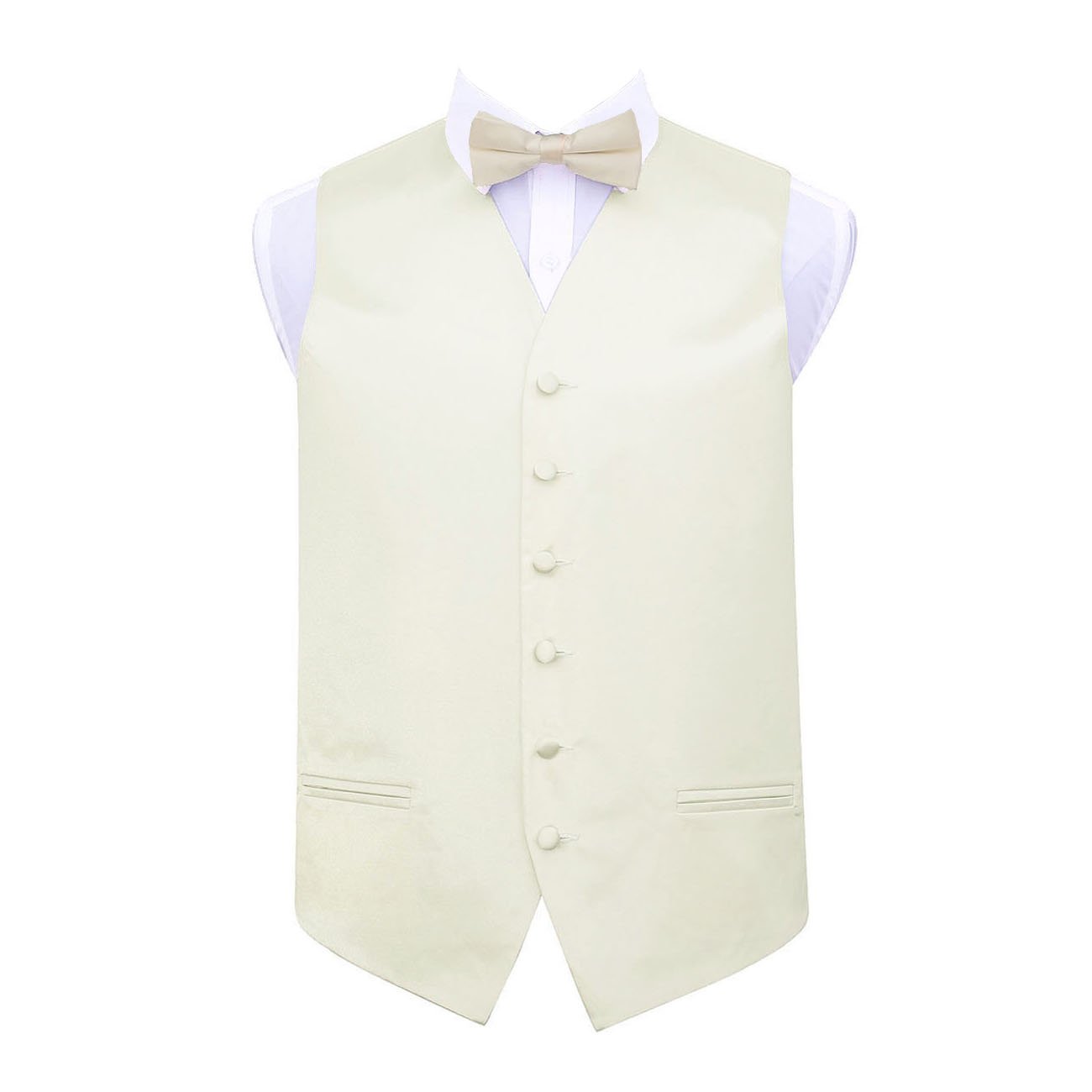 DQT Mens Plain Satin Waistcoat & Pre-Tied Bow Tie Set (2pc) - Wedding, Business & Formal - Ivory 44" (2XL)