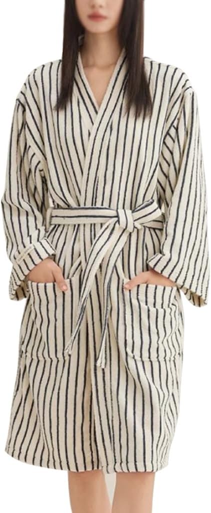 Cotton Terry Stripe Bathrobe For Women And Men,Luxury Kimono Soft Terry Cloth Robe,Comfortable Loungewear Nightwear