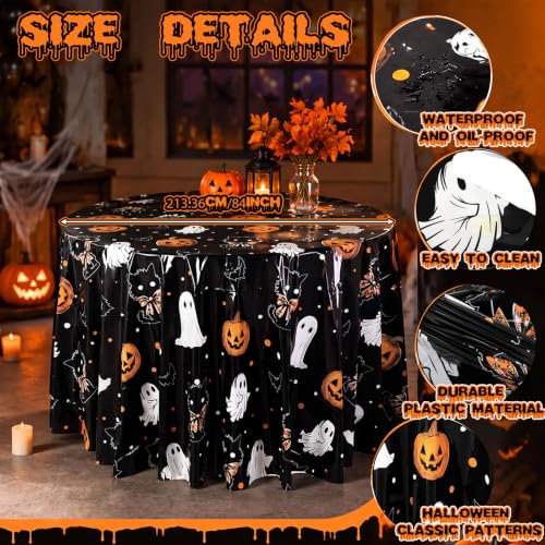 Image of Ganeen 6Pcs Halloween Plastic Tablecloths Pumpkin Black Cat Ghost Disposable Table Cover Halloween Party Decorations 84 Inch Plastic Round Table Covers Ghost Tablecloths Bulk for Baby Shower Party