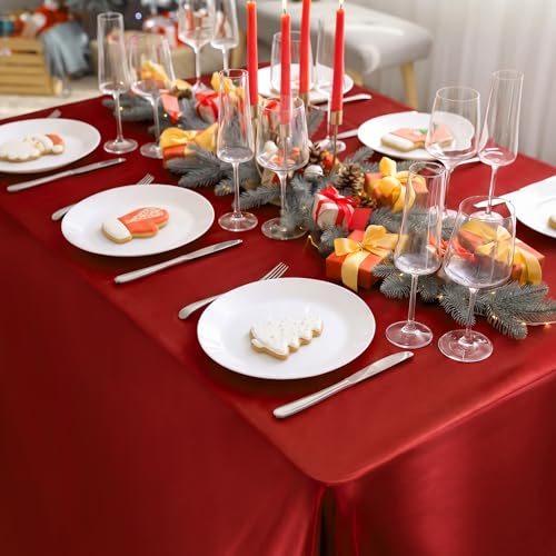 Image of TURSTIN 1 Pack Burgundy Satin Tablecloth 102 x 58 Inch Overlay Table Cover