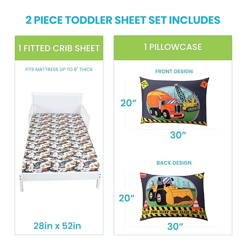 Image of Todays Kids Under Construction Blue Toddler Bedding Set - 2-Piece Baby Crib Sheets Boy Crib Size, 28x52 Fitted Sheet & 20x30 Pillowcase, Soft Breathable & Fade-Resistant Microfiber, Machine Washable