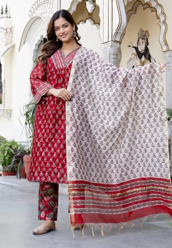 Image of Klosia Women Pure Cotton Kurta Pant Set with Dupatta | Traditional Block Print Ethnic Suit Set | Comfortable Daily, Office