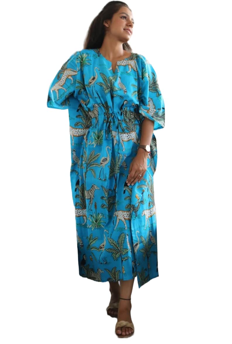 Robe de nuit maxi caftan imprimé jungle en coton fait à la main, caftan court, beau caftan, robe de plage