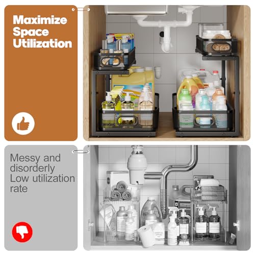 Image of 2 Pack 21.3IN-Depth Under Sink Organizer with Smooth Cylindrical Rail,2-Tier Pull Out Multi-Purpose Cabinet Storage for Bathroom&Kitchen,Height Adjustable,Rust-Resistant Coating-Black