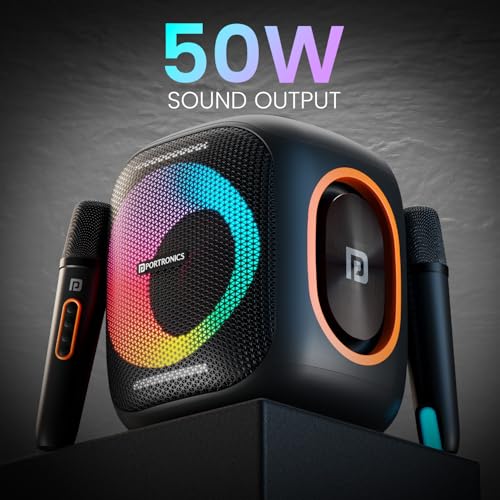 Portronics Dash 10 50W Wireless Bluetooth Party Speaker With Dual Wireless Karaoke Mic, Upto 6 Hours Playtime, Dual Bass Radiator, HD Sound, RGB LED Lights,BT 5.3V,AUX IN,USB In,Type C Charging(Black) 2 51rIKcLTvQL