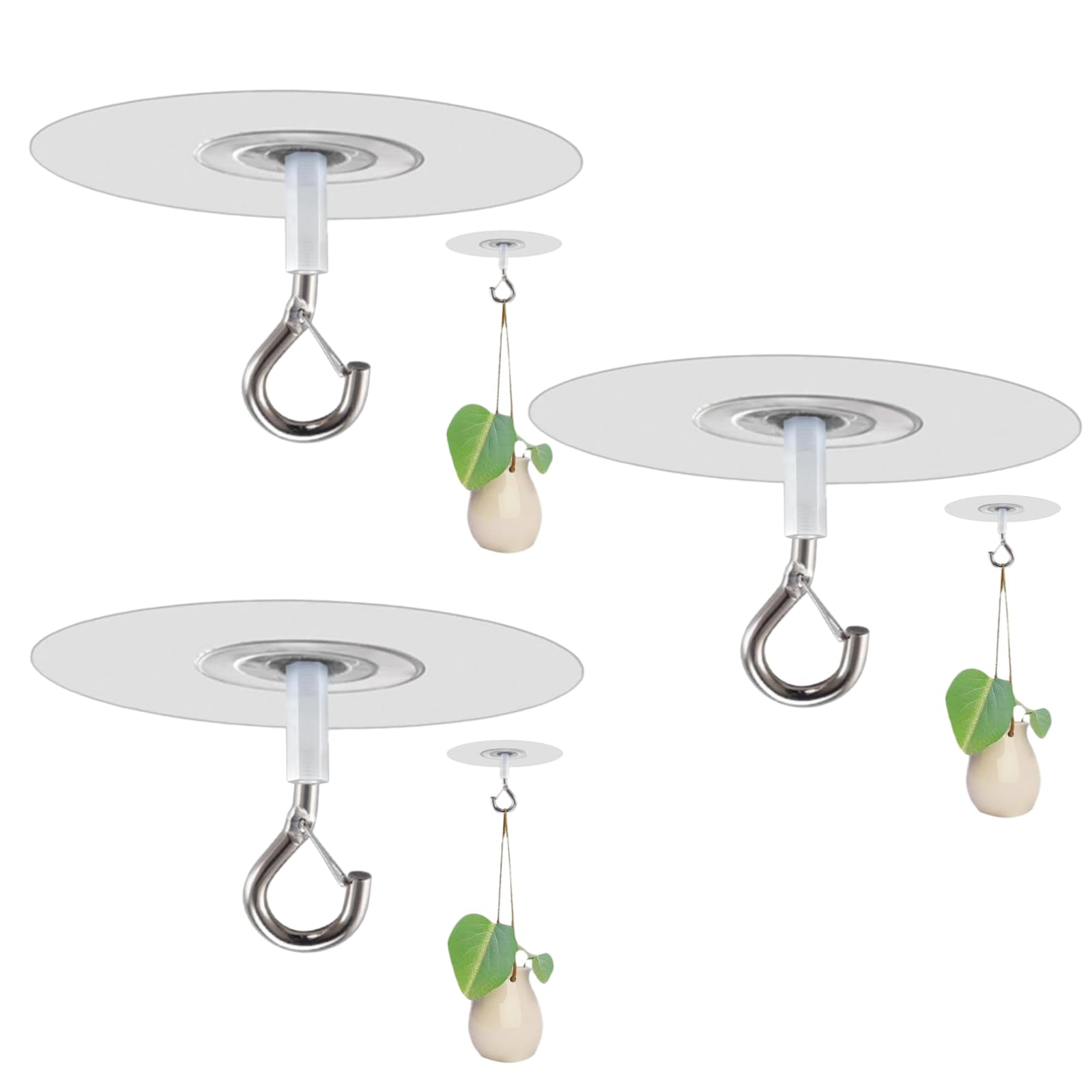 Wpppan 3Pcs ​Adhesive Ceiling Hooks with Safety Clasp, Stick-On Wall Hooks for Plants, Wind Chimes, Home Storage and Bathroom Decor
