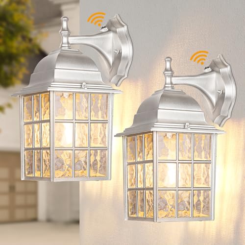 WIHTU Silver Exterior Lighting Fixtures Wall Mount, Dusk to Dawn Outdoor Porch Wall Lights, Sensor Wall Lantern Wall Lamp Set of 2, Waterproof Wall Sconce, Outside Lighting for Garage, Front Door
