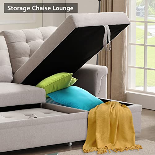Humeha Reversible Sectional Sofa Couch, Beige Convertible Pull Out Bed Sleeper Sofa With Storage Chaise Lounge, Upholstered L Shaped Couch, Linen Fabric Corner Sofa Bed Couches For Living Room #TOP5