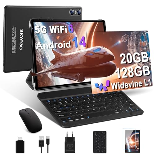 YESTEL Tablette Android 14 avec 5G Wi-FI 6, 20 GO RAM+128 GO ROM (Extensible Jusqu'à 1 to), Tablette Tactile avec Widevine L1, 8 Cœurs, 5MP+8MP, Tablette 10 Pouces avec Clavier+Souris et Cas, Noir
