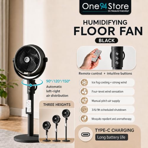 Image of One94Store Humidification Floor Fan, Portable USB & Battery Operated Rechargeable Mist Fan with Smart Remote Control, 4000mAh Battery, 4 Speed Modes, 150 Swing, Up to 2H Runtime Black