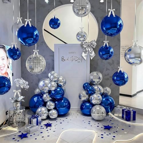 Image of 9 Pcs Blue Silver Round Foil Balloons Dark Navy Blue Metallic Silver Disco 4D Ball Balloons 22 In Ornament Mylar Balloon for Birthday Graduation Wedding Anniversary Retro Disco Prom Party Decor
