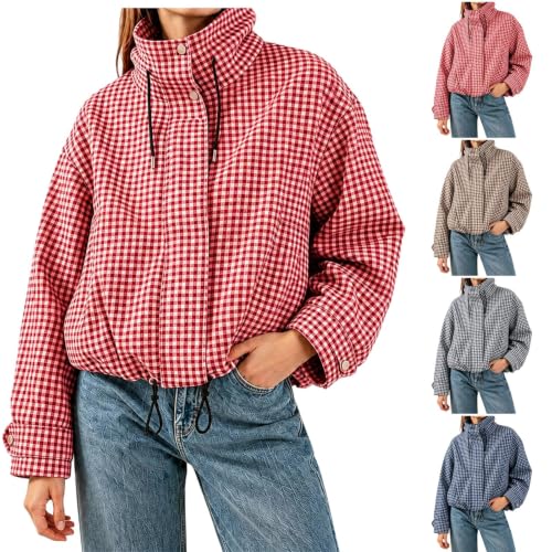 Women's Zipper Jackets Funnel Neck Gingham Pullover Cropped Jacket - image 1