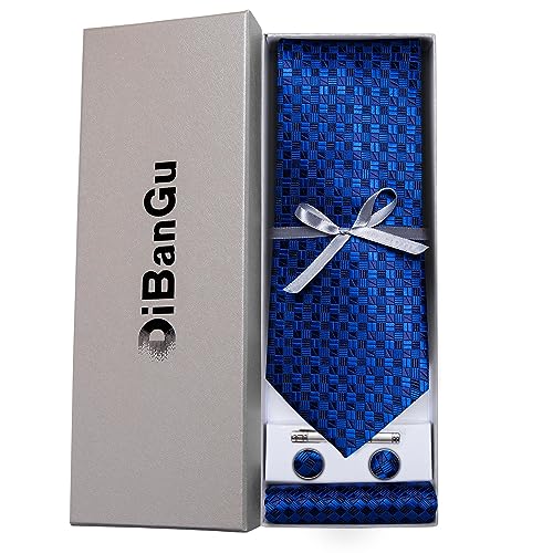 Image of DiBanGu Plaid Ties for Men Silk Checkered Necktie and Pocket Square Cufflinks Tie Clip Set with Gift Box for Wedding Business