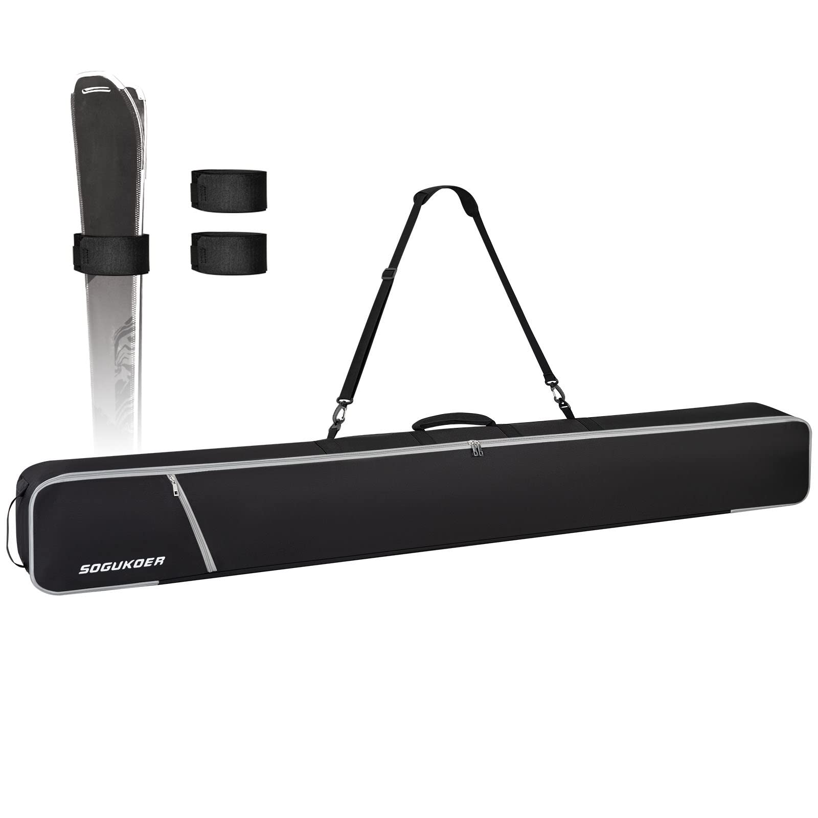 SOGUKOER Ski Bag Padded Transport Bag for Skis Detachable Shoulder Strap, Carrying Bag for Skis up to 195cm with Separated Pole Pockets, Ski Straps