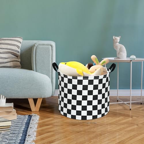 Image of 3 Pack Checkered Storage Baskets with Leather Handles, Foldable Fabric Toy Storage Bins with Waterproof Lining, Large Round Laundry Hamper for Kids Room, Nursery, Bedroom, Playroom Organization
