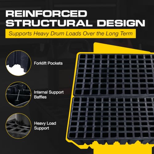 Image of Eagle High Capacity 4 Drum Spill Containment Pallet with Forklift Pockets, 52.5 inchx51 inchx13.75 inch, 132 Gallon Sump, 8,000 lbs. Load Capacity Secondary Containment Pallet, Made in USA, Black, 1640BND