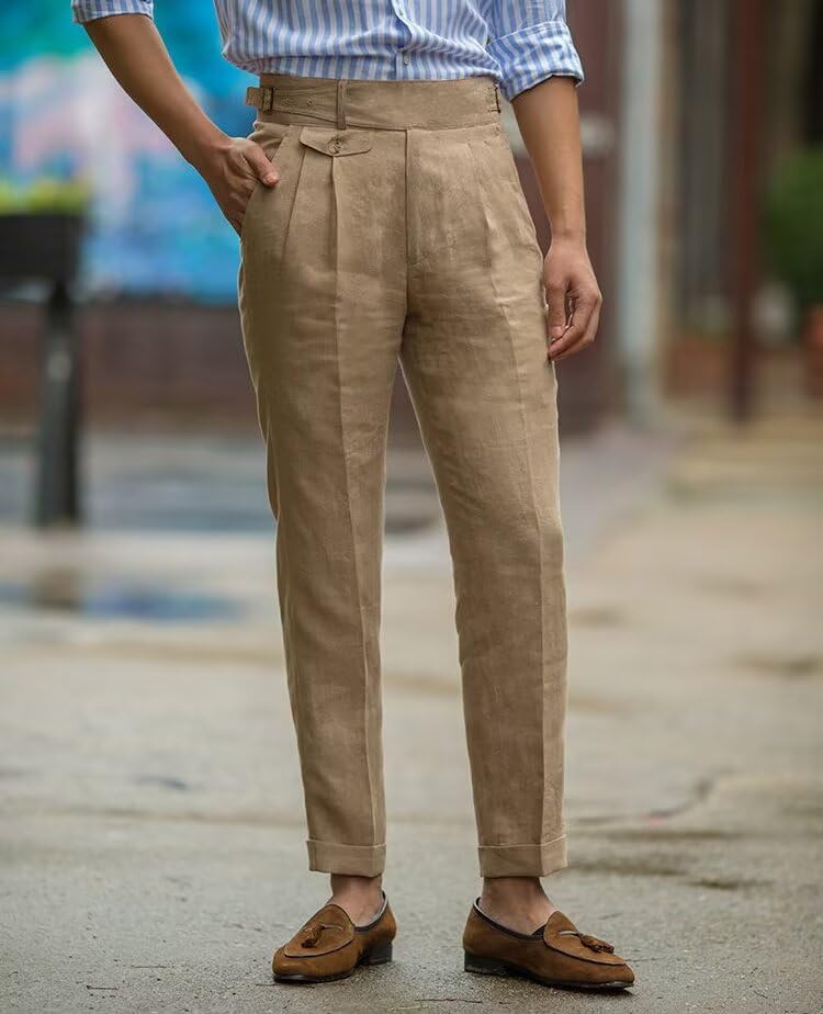 Men’s Linen Dress Pants Vintage Pleat-Front Casual Suit Pants Gurkha Spring Summer Beach Lounge Trouser Long3