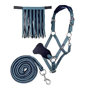 HKM 10733 Halsterset, vlinderfranjes, gebreid 180 cm karabijnhaak, petrol/marineblauw WB