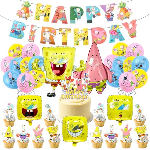 49 Stücke Gelb Geburtstag Deko Cartoon Luftballons Geburtstagdeko Unterwasserwelt Party Deko mit Foilballons Cake Topper Tortendeko Happy Birthday Banner für Kinder Jungen Geburtstags Party