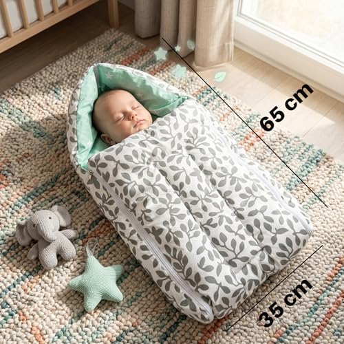 Image of 3-in-1 Baby Bed & Sleeping Bag for Newborn | Portable Cotton Baby Bedding Set | Unisex Carry Nest & Baby Holder for New Born | Soft & Lightweight Infant Sleep Bag (Grey Leaves)