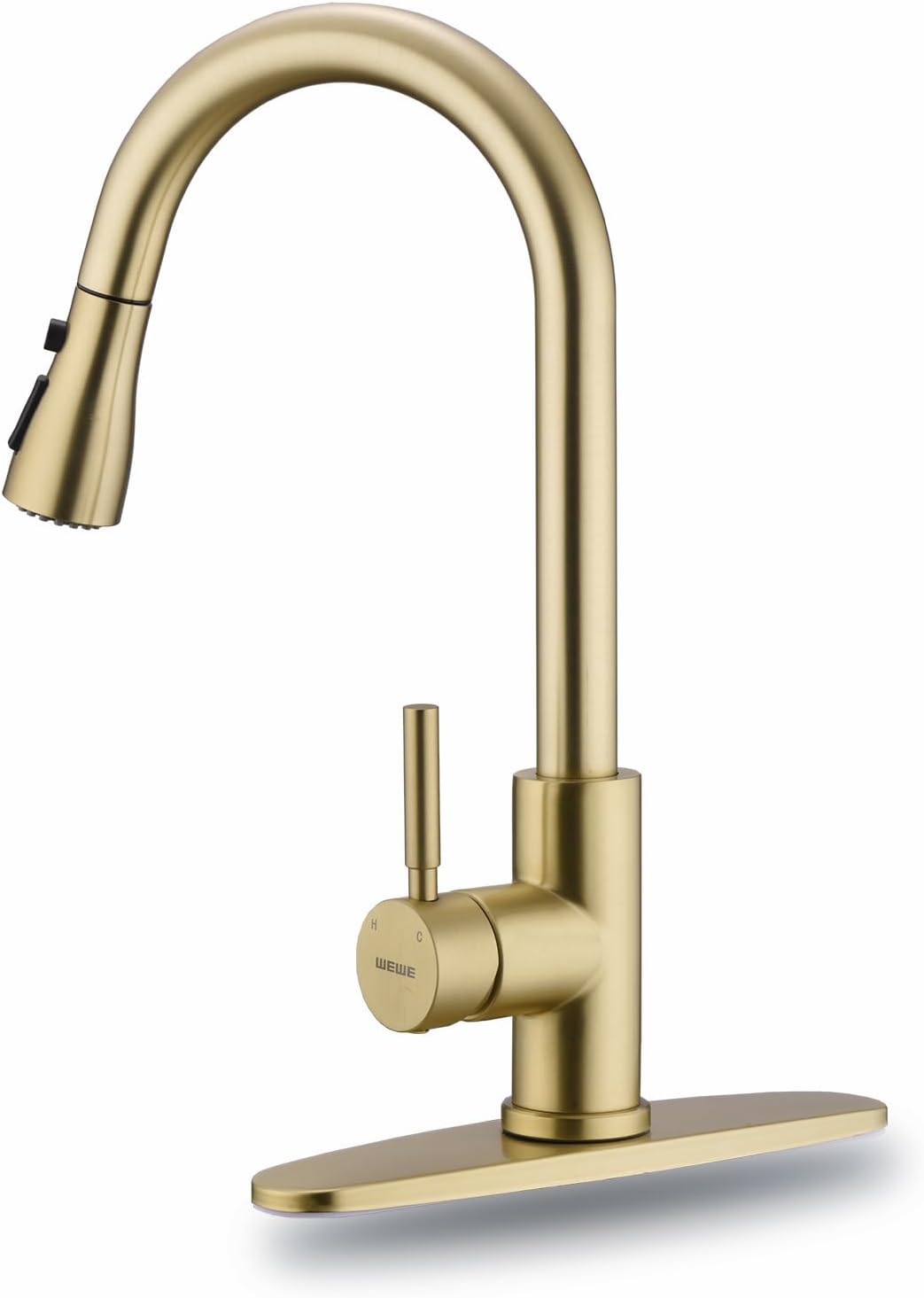 WEWE Brushed Gold Kitchen Faucet with Pull Down Sprayer, Single Handle Gold Kitchen Sink Faucet Stainless Steel Brass Copper Commercial RV 1 or 3 Hole, Champagne Bronze product image