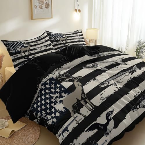 Fundas Nórdicas Estampada de 3 Piezas Tradicional Bandera Símbolos De Caza Tema, Juegos de Cama de Microfibra de Fácil Cuidado 200 x 200 cm para Cama 105 con 2 Fundas de Almohada 50 x 75 cm, Negro