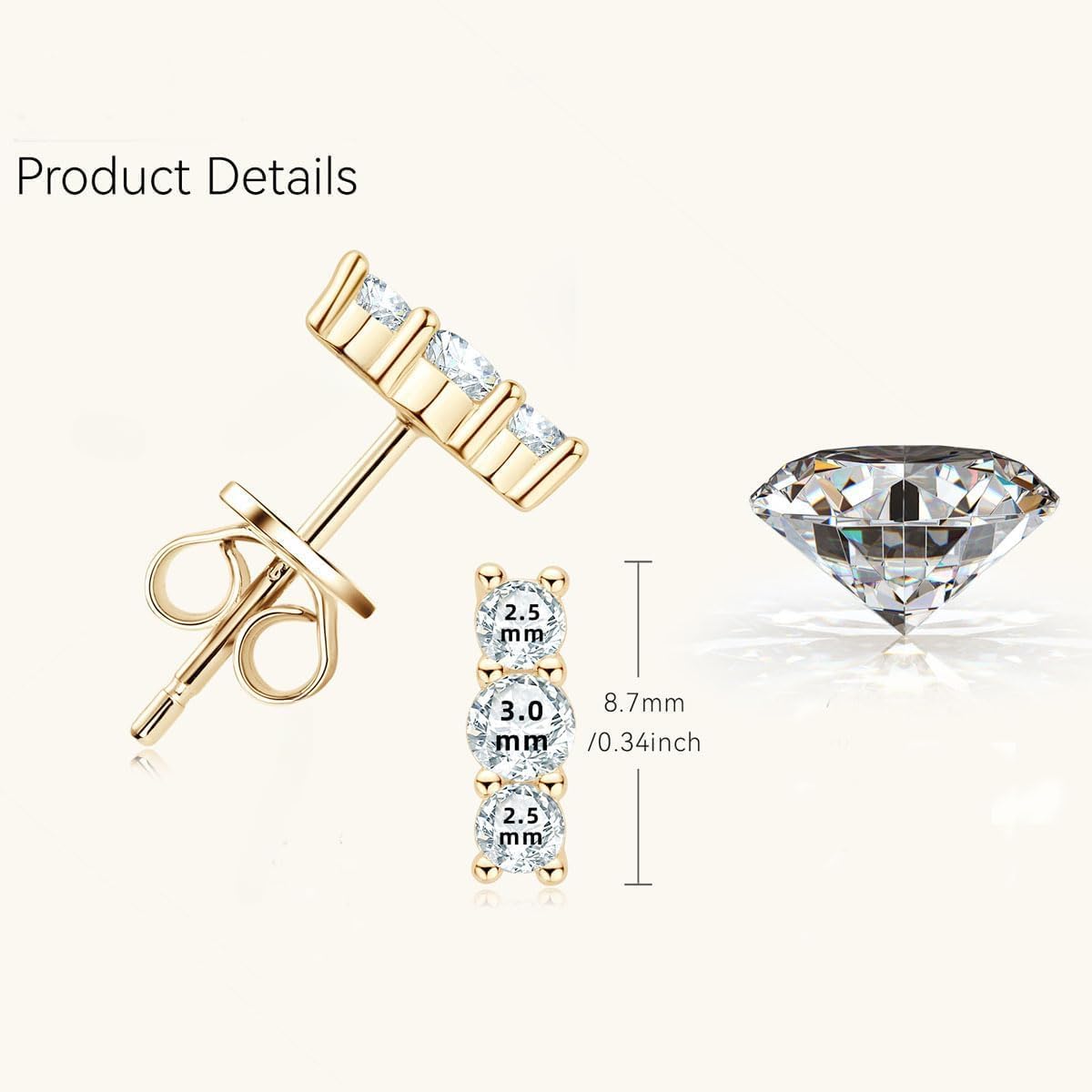 14K Solid Gold 0.22 Carat Round Cut Diamond Earrings, Fashionable Three-Diamond VVS1 Clarity Earrings Studs, A Unique Gift