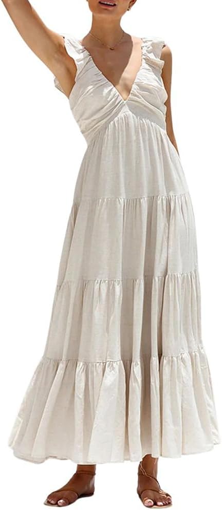 chouyatou Women's Summer Spaghetti Strap Maxi Dress Sexy V-Neck Shirred Tiered Tunic Beach Dress