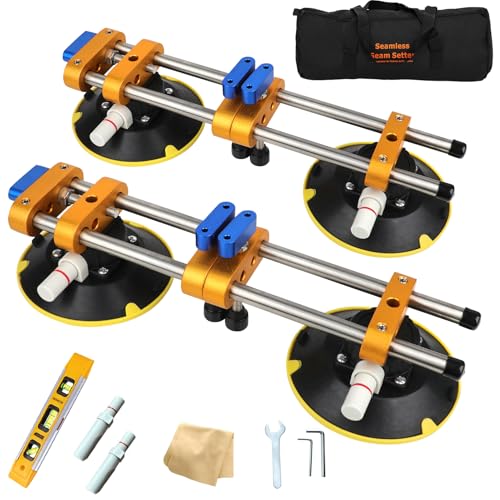 Upgrade 2 Pack Seamless Seam Setter with 6 inch Vacuum Suction Cups Granite Seam Setter for Countertop Joining & Leveling Seam Joiner for Stone (With Replacement Air Pump+Tool Bag+Torpedo Level