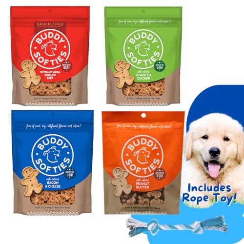Buddy Biscuits Dog Treats Variety Pack - 6oz Softies Includes Chicken Bacon & Cheese Peanut Butter & 5oz Grain Free Grilled Beef - With Dog Toy Rope