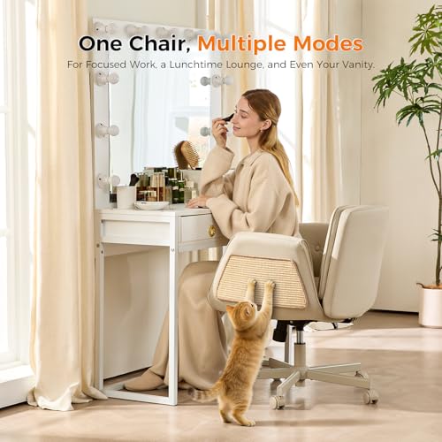 Image of amseatec Criss Cross Chair with Natural Sisal Cat Scratch Pad, 5-Gear Adjustable Armrests, 360 Silent Casters,pet-Friendly Office, Gaming, Leisure, and Make up Vantiy Desk Chair(Cream)