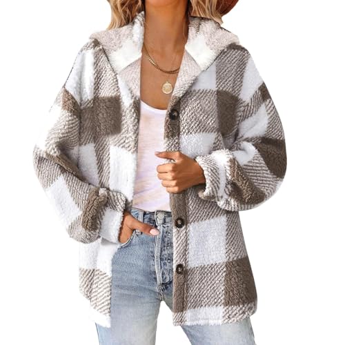 Women's Sherpa Hooded Cardigan Fall Winter Fuzzy Fleece Jacket Warm Soft Plaid Flannels sweater coat Outwear2