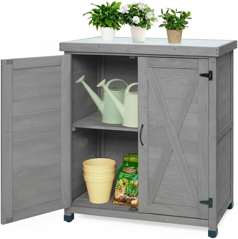 Outdoor Potting Bench with Metal Table Top, Work Station Table with Storage Cabinet & Vented Louvered Doors,Wooden Tool Station Shed for Backyard,Patio,Lawn Gardening (Gray)