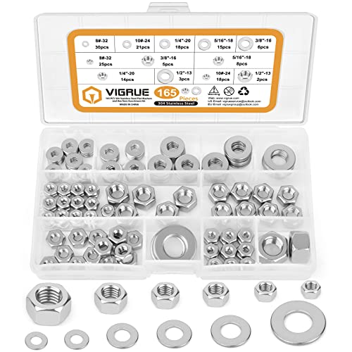 SAE Hex Nuts Washers Kit 1/4'-20 3/8'-16 5/16'-18 1/2'-13#10-24#8-32, VIGRUE 304 Stainless Steel 18-8 Hexagon Nuts Flat Washers Assortment Bright Finish 165PCS